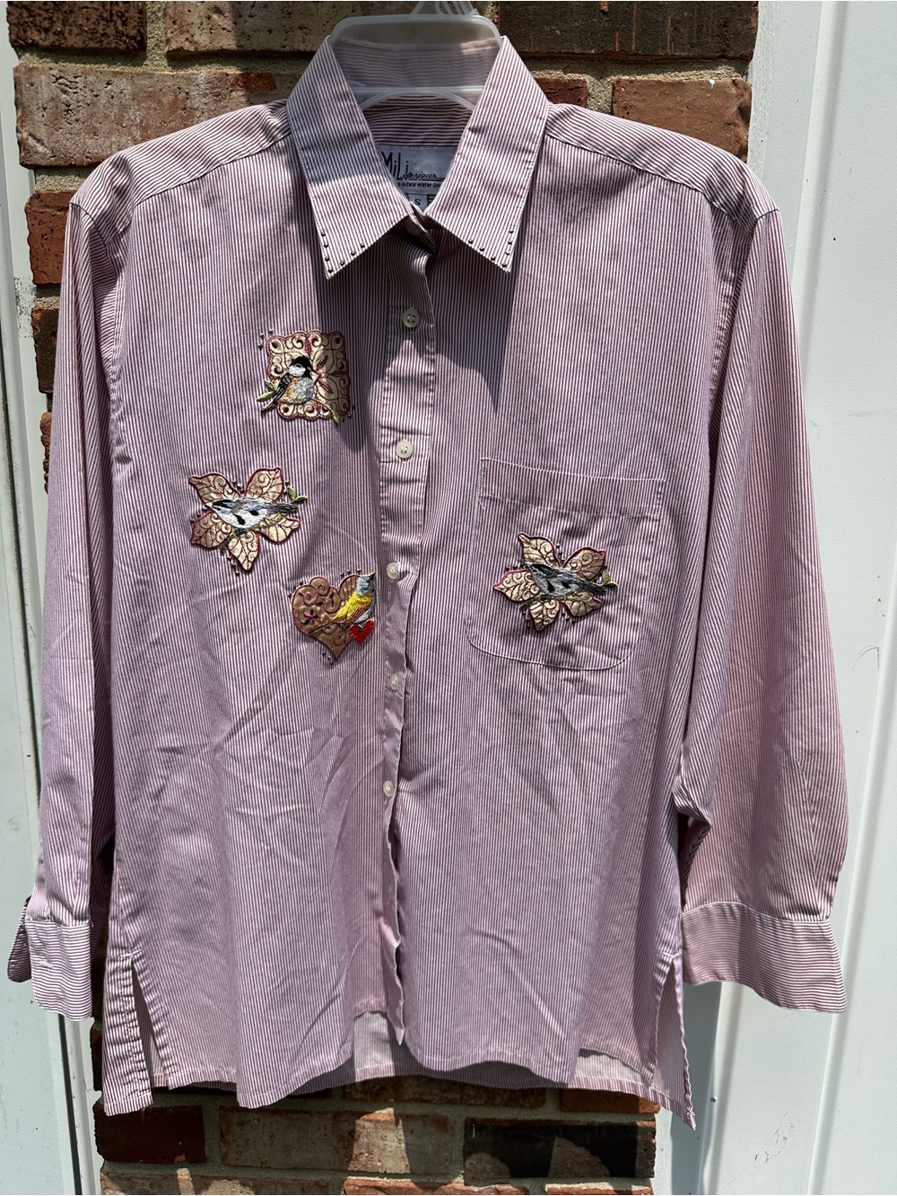 MiLi Designs Woman’s S Pink/Red Stripe Bird Heart Appliqué Button Up Long Sleeve